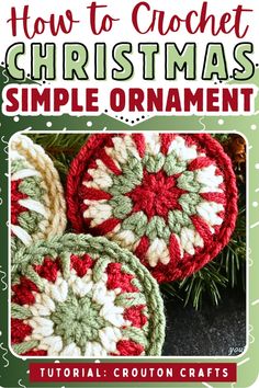 Crochet super simple but colorful ornaments perfect for beginners, with this quick 20-minute project. These decorations consist of two round medallions, each only four rounds, then joined together.  You’ll need yarn in three colors, an H-size crochet hook, and familiarity with basic stitches. Quick Crochet Christmas Ornaments, Crochet Christmas Coasters Free Patterns, Granny Square Ornament, Crochet Christmas Decorations Free, Hexagon Crochet Pattern, Hexagon Crochet, Simple Ornaments, Colorful Ornaments