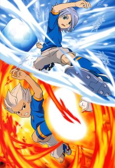 an anime character kicking a soccer ball in the air with fire and water around him