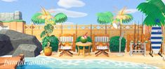 an animated image of a tropical setting with palm trees, chairs and a table on the beach