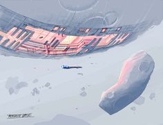 an image of a futuristic space station in the middle of some snow covered ground with rocks and debris around it