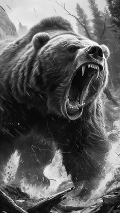 a black and white photo of a grizzly bear in the woods with it's mouth open