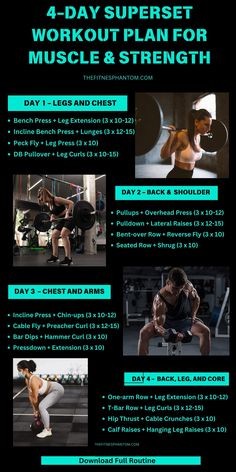 an advertisement for the 4 day superset workout plan with instructions to build muscle and strength