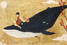 a painting of a woman riding on the back of a whale with flowers in its mouth