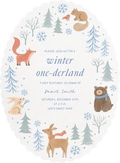 the winter one -derland birthday party is shown with animals and snowflakes