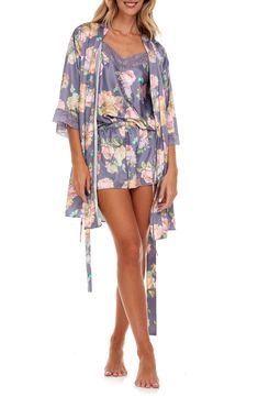 Silky soft satin refines the flowy silhouette of these floral pajamas pairing a lace-trimmed camisole with coordinating shorts and a matching robe. 18" center top front length; 1 1/2" inseam; 27" leg opening; 11" front rise; 13" back rise (size Medium) 35" robe length Includes two-piece short pajamas and short robe Top has V-neck; adjustable straps Robe has three-quarter sleeves; removable tie belt 100% polyester Hand wash, dry flat Imported Cheap Floral Print Sleepwear For Pajama Party, Floral Print Pajama Shorts For Pajama Party, Cute Floral Print Sleepwear For Pajama Party, Floral Print Short Sleepwear For Pajama Party, In Bloom By Jonquil, Flora Nikrooz, Short Pajamas, Matching Robes, Newborn Gown