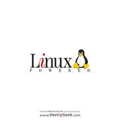 the linux powered logo is shown in black and white, with an image of a penguin on