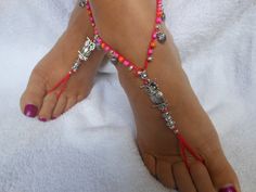 Crochet Barefoot Sandals Beach Wedding Yoga Shoes Foot Jewelry Silver Pink Orange Hand made cotton yarn color pink beads color pink orange silver Pink Beaded Anklets For Summer, Pink Beaded Summer Anklets, Pink Summer Festival Anklets, Handmade Barefoot Sandals For Spring Party, Summer Beach Anklets With Silver Beads, Silver Barefoot Sandals For Summer Gift, Pink Adjustable Barefoot Sandals, Bohemian Pink Anklets For The Beach, Adjustable Pink Sandals For Wedding