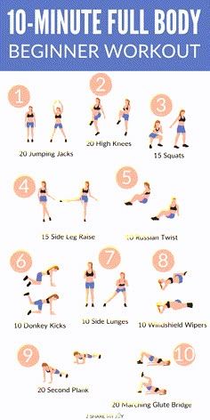 the 10 - minute full body beginner workout is shown in blue and white, with instructions