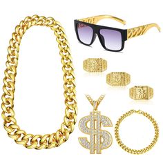 PRICES MAY VARY. [Hip Hop Jewelry Men] - This 80s 90s costume jewelry includes an 80cm faux gold chain, a 70cm dollar pendant necklace, a 21cm Cuban link bracelet, 3 adjustable gold rings, and a punk sunglasses. This hip hop jewelry set instantly adds a touch of luxury to your outfit. [High-Quality Material] - The money chain, Cuban link bracelet, and adjustable gold rings are crafted from skin-friendly material, ensuring long-lasting wear. They undergo a high-quality plating process to maintain Rapper Costume, Hip Hop Jewelry Men, Necklace For Boys, Punk Sunglasses, Hip Hop Accessories, 90s Costume, Cuban Link Bracelet, 90s Men, Dollar Sign