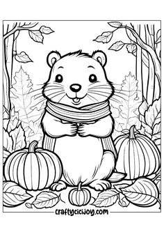 an animal with pumpkins and leaves on the ground coloring pages for kids to color