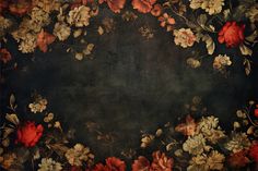 an old painting with flowers and leaves painted on it's side, in the middle of a dark background