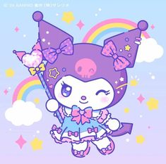 an image of a cartoon character holding a wand with stars and rainbows in the background