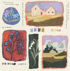 four different colored drawings of flowers and houses