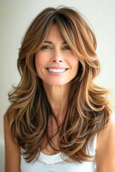 Long layers with curtain bangs on beautiful smiling woman in her 40s. Med Length Haircut With Layers, Long Layered Hair With Curtain Bangs Side Part, Trendy Hair With Bangs, Womens Haircuts Long Layers Bangs, Curtain Bangs Over Fifty, Hair Cuts For 40 Year Old Women Long, Hair Styles For Women In 40s, Center Part With Bangs, Long Hair In Your 40's