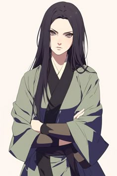 an anime character with long black hair wearing a kimono and holding her arms crossed