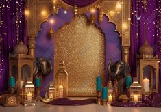 Golden Palace Arabic Princess Purple Backdrop - Gatsby Backdrop Arabian Photo Booth, Arabic Nights Theme, Arabic Theme Party, Around The World Prom Theme, Arabian Theme Party, Morrocan Theme, Lights Photoshoot, Diwali Photoshoot, Morocco Wedding