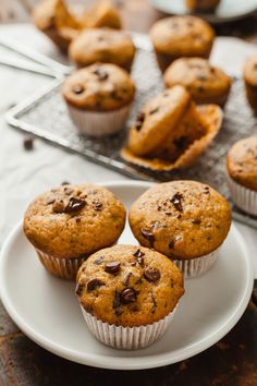 several muffins on a white plate with chocolate chips