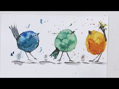 three watercolor birds are standing on the edge of a piece of paper, and one is holding it in its hand