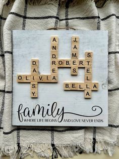 the family scrabble is displayed on a blanket