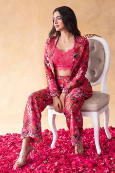 Buy Pink Dupion Silk Print Floral Sweetheart Neck Blazer And Pant Set For Women by Shachi Sood Online at Aza Fashions. Dark Rose, Dupion Silk, Dress Indian Style, How To Hem Pants, Pink Blazer, Printed Blazer, Full Sleeves