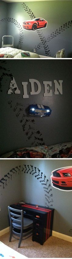 two pictures of a bedroom with cars painted on the wall