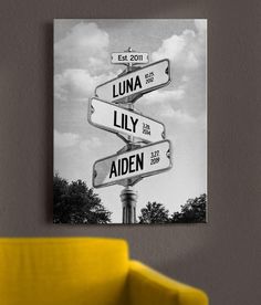 a black and white photo of a street sign with the name luna lily arden on it