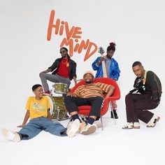 five men sitting in chairs with the words hive mind written above them on a white background