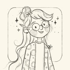 a drawing of a girl with glasses and a bow in her hair