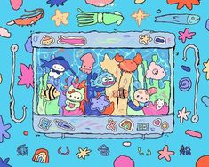 an image of children's artwork on a computer screen with fish and stars around it