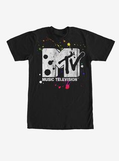 a black t - shirt with the tv logo on it and paint splatters