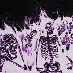 a drawing of three skeletons sitting in the middle of a room with flames coming out of them