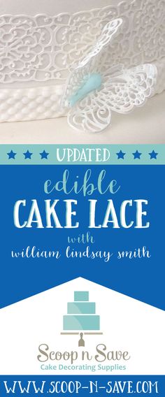 an advertisement for cake lace with blue and white lettering on the bottom, in front of a