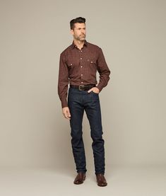 Named for our El Paso factory, this rugged western shirt features a cowboy yoke in front and back with a subtle, embroidered mirrored-L emblem on the left pocket and lower placket. Classic cowboy fit. Model is 6'0 and wearing size M. Western Style Brown Tops For Ranch, Western Style Relaxed Fit Shirt For Ranch, Classic Relaxed Fit Rodeo Shirt, Fitted Brown Shirt For Rodeo, Classic Relaxed Fit Shirt For Rodeo, Western Brown Tops With Snap Buttons, Fitted Western Brown Shirt, Western Style Dark Wash Relaxed Fit Tops, Dark Wash Western Relaxed Fit Tops