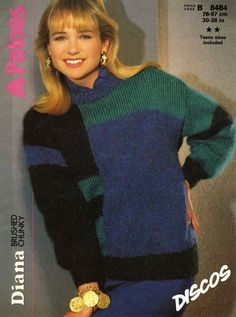 a woman is wearing a sweater and posing for a magazine cover with her hands on her hips