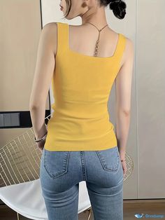 Orcajump - Sleeveless Ribbed Tank Top, Square Neck Versatile Casual Top For Summer & Spring, Women's Clothing Stretch Yellow Sleeveless Camisole, Yellow Stretch Camisole Tank Top, Yellow Stretch Sleeveless Camisole, Fall Care, Ribbed Tank Top, Top For Summer, Spring Women, Ribbed Tank, Casual Top