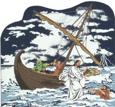 an image of jesus walking on the water with his boat full of people in it