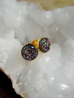 Tiny Druzy Earrings Peacock Drusy Quartz Studs Gold Vermeil Bezel Set Adjustable Gold Jewelry With Glitter, Adjustable Gold Glitter Jewelry, Adjustable Gold Jewelry With Glitter Details, Glitter Round Jewelry As Gift, Round Glitter Jewelry As Gift, Round Glitter Jewelry For Gifts, Gold Glitter Jewelry Gift, Gold Glitter Jewelry As Gift, Gold Glitter Jewelry For Gifts