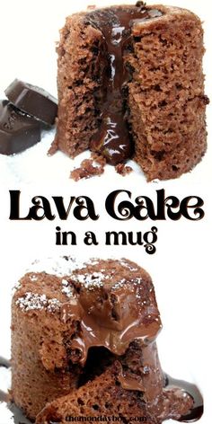 chocolate lava cake in a mug with the words lava cake in a mug above it