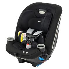 the child's car seat is black and has two cup holders on each side