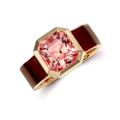 A sleek and minimalist style, featuring a stunning vibrant pink tourmaline, set in a solid bezel on a wide enameled band, hand-painted in a deep claret shade enhancing the beauty of the stone. The ring is a sz 6.5. Please add note if you require a different size. 6mm wide band 14K Yellow Gold 3.3 ct emerald-cut pink t Art Deco Inspired Jewelry, Graduation Ring, Black Pearl Jewelry, Sky Blue Topaz Ring, Graduation Rings, Handbags Vintage, Mixed Metal Rings, Dream Engagement, Vintage Things