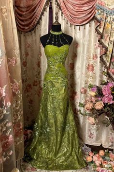 Green 90s Prom Dress, Food Inspired Dress To Impress, Enchanted Garden Dress, Red And Green Dress, Food Inspired, Prom Dresses Yellow, Purple Prom Dress, Green Gown, Prom Dresses Two Piece