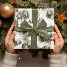 a person holding a wrapped present in front of a christmas tree