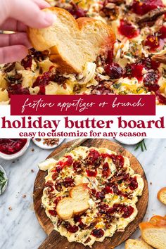 a homemade holiday butter board with bread and cranberry sauce