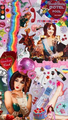 a collage of photos and stickers on the side of a wall with a woman holding a bottle