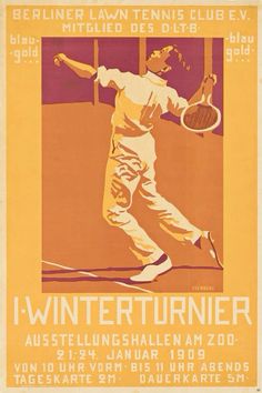 an old poster advertising a tennis tournament with a man holding a racket in his hand