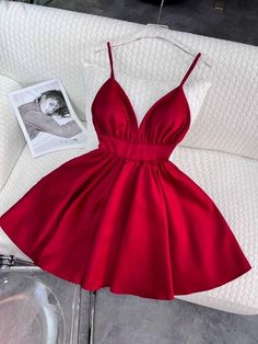 Red Spaghetti Strap Mini Dress For Prom Season, Red Spaghetti Strap Mini Dress For Prom, Red V-neck Mini Dress For Prom, Red Prom Dress With Spaghetti Straps, Red Spaghetti Strap Dress For Prom Season, Red Sleeveless Mini Dress For Homecoming, Red Spaghetti Strap Dress For Party Season, Short Red Homecoming Dresses, Red Homecoming Dresses Short