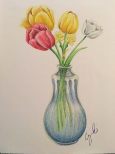 a drawing of flowers in a vase on a white paper with watercolor pencils