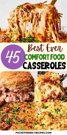 the best ever comfort food casserole recipe is shown in four different pictures with text overlay