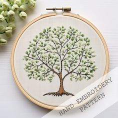 a hand embroidered tree with green leaves on it