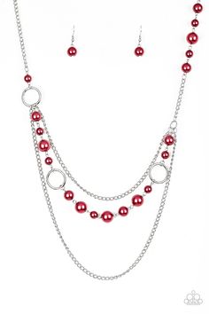 Pearly red beads and shimmery silver hoops trickle along glistening silver chains, creating mismatched layers down the chest. Features an adjustable clasp closure.

Sold as one individual necklace. Includes one pair of matching earrings. Live Text, Red Beads, Dress Princess, Red Necklace, Silver Chains, Red Jewelry, Paparazzi Accessories, Paparazzi Jewelry, Red Bead